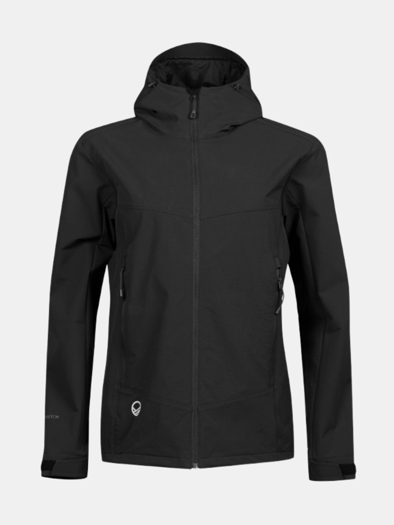 Halti Pallas Evo Brushed X-stretch Jacket Plus Womens in black, with zipper and pockets, shown on light gray background.