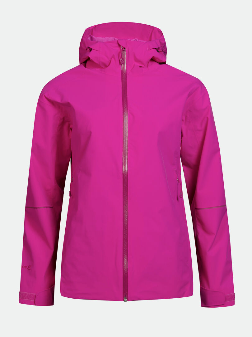 A bright magenta Halti Staala DX Shell Jacket Womens—water-repellent, with hood, front zipper, and two side pockets.