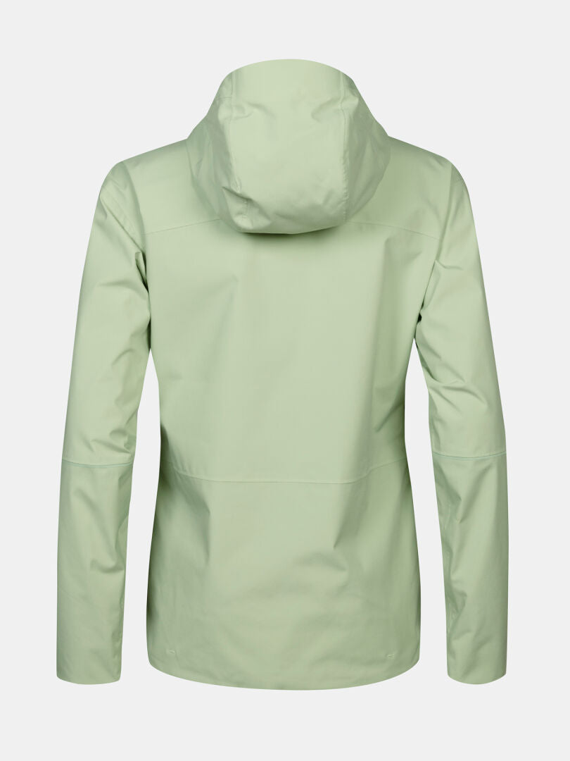 Halti Staala DrymaxX Shell Jacket Womens in light green shown from the back; this outdoor jacket is water-repellent.