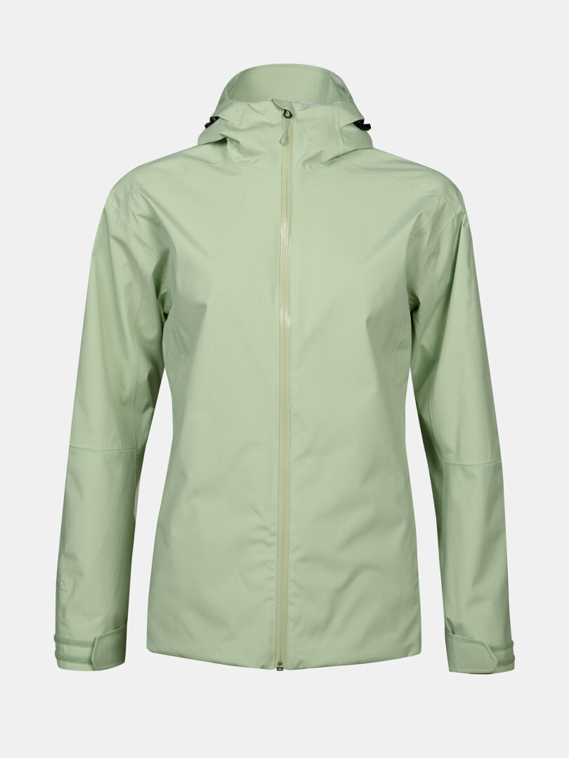 Halti Staala DrymaxX Shell Jacket Womens, light green, water-repellent with hood, zipper, and adjustable cuffs.