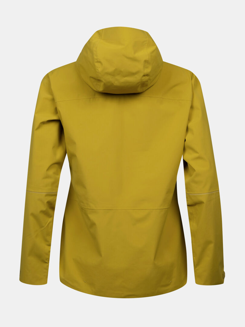 The Halti Staala DX Shell Jacket Women's is shown in yellow with a hood, viewed from the back on a white background.