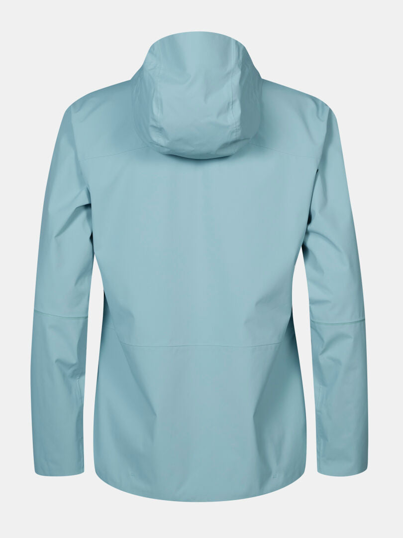 A light blue Halti Staala DX Shell Jacket Women's with a hood, shown from the back on a white background.
