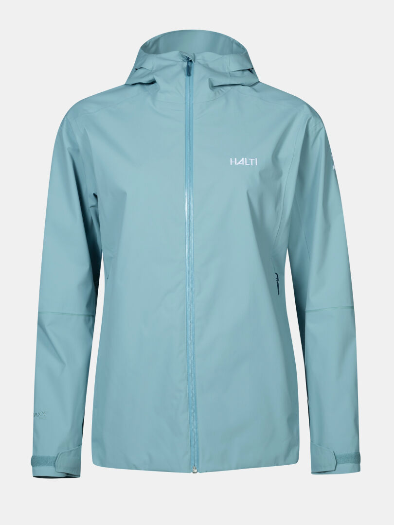 Halti Staala DX Shell Jacket Women's in light blue with hood, front zipper, and zip pockets on a white background.