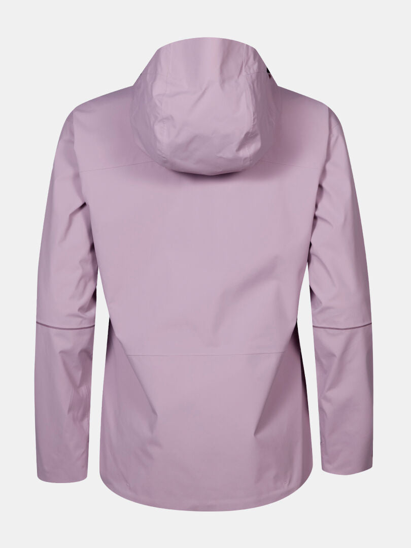 Back view of Halti Staala DX Shell Jacket Women's in light purple with hood and long sleeves on a white background.
