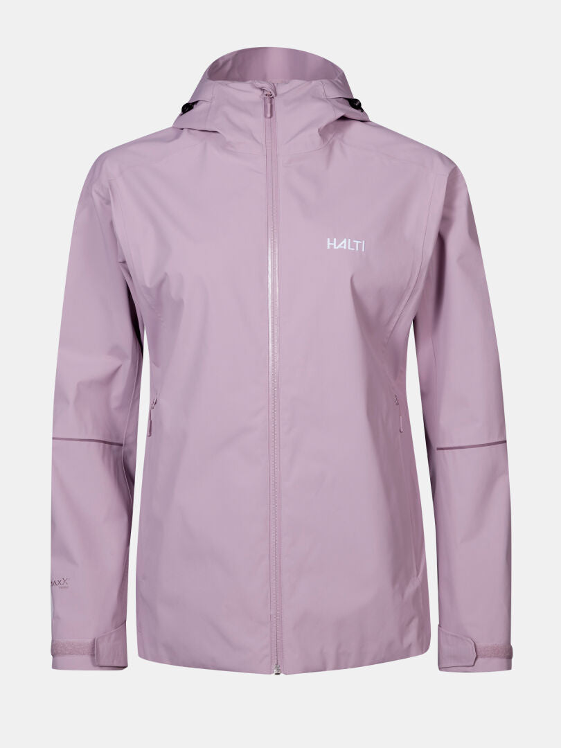 The Halti Staala DX Shell Jacket Women's, in light purple with hood and front zipper, features a logo on the chest.