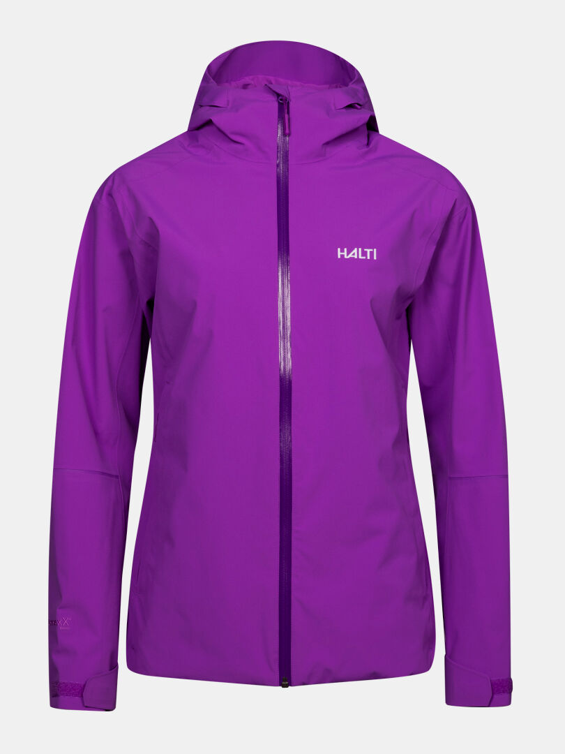 A front view of the Halti Staala DX Shell Jacket Women’s, a purple water-repellent hooded outdoor jacket with chest logo.