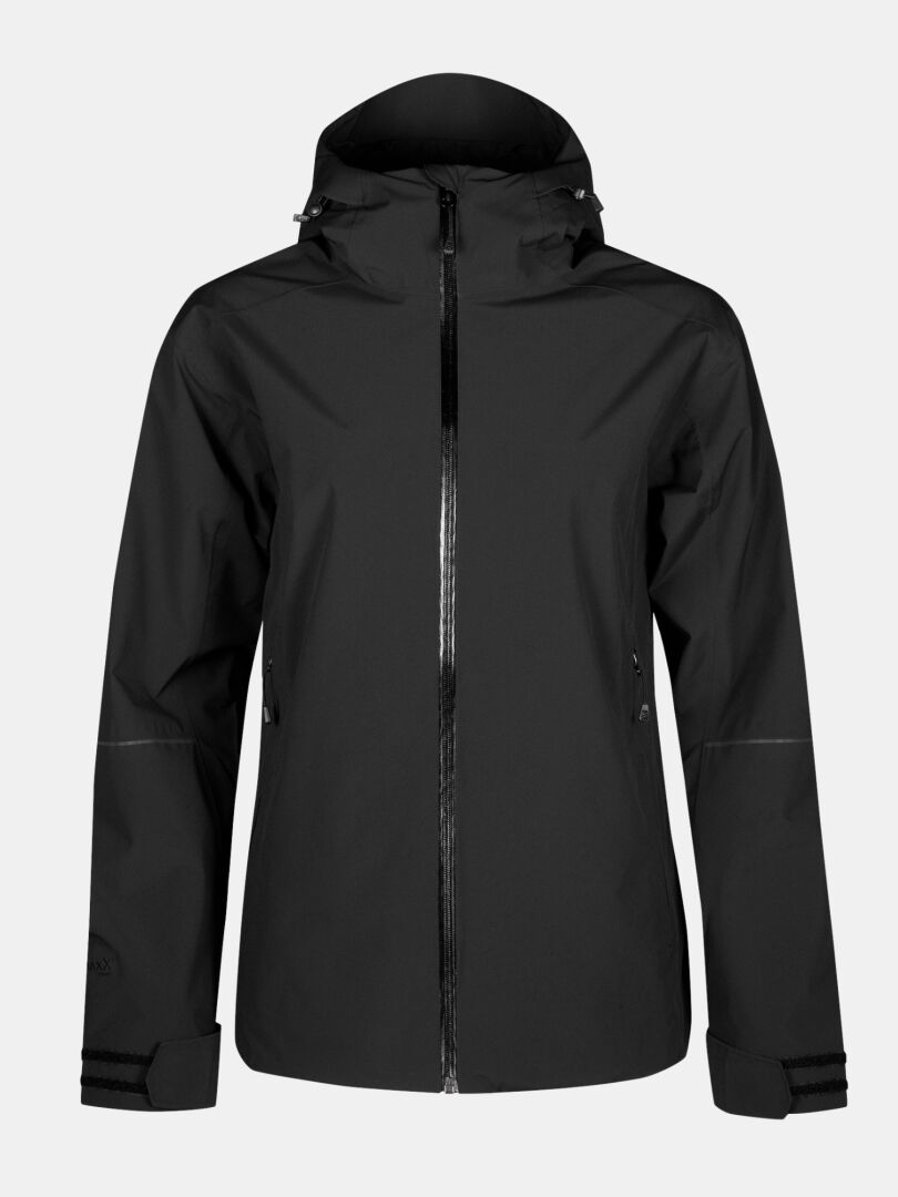 The Halti Staala DX Shell Jacket Women's in black features a hood, water-repellent fabric, zipper front, and two pockets.