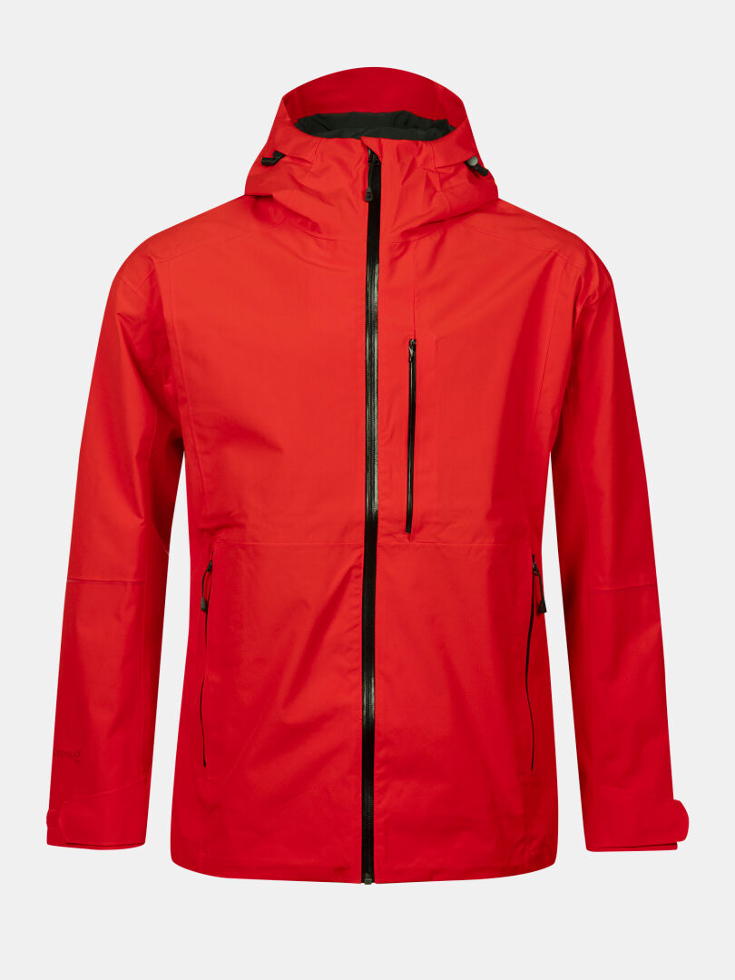 A bright red Halti Staala DX Shell Jacket Men's with black zippers, front view, against a light background.