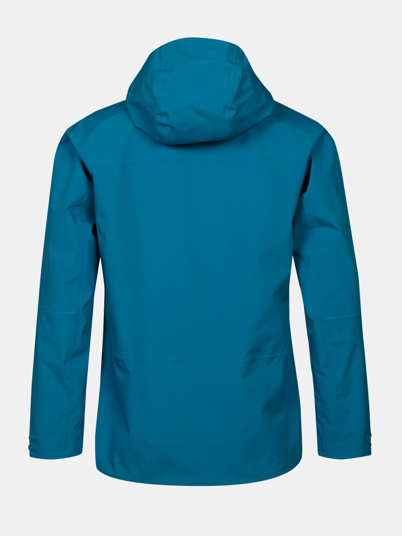 A blue Halti Staala DX Shell Jacket Mens shown from the back, featuring long sleeves and a windproof design.