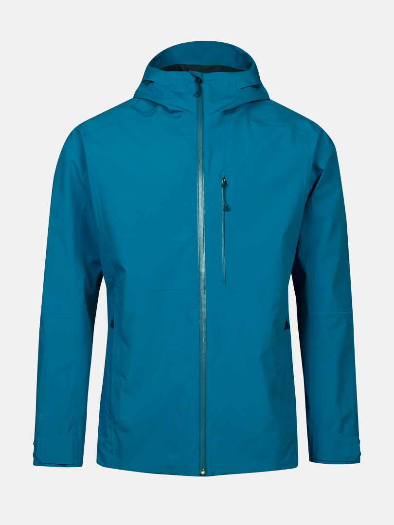 The Halti Staala DX Shell Jacket Mens is a blue, windproof rain jacket with a front zipper, chest pocket, and adjustable cuffs.
