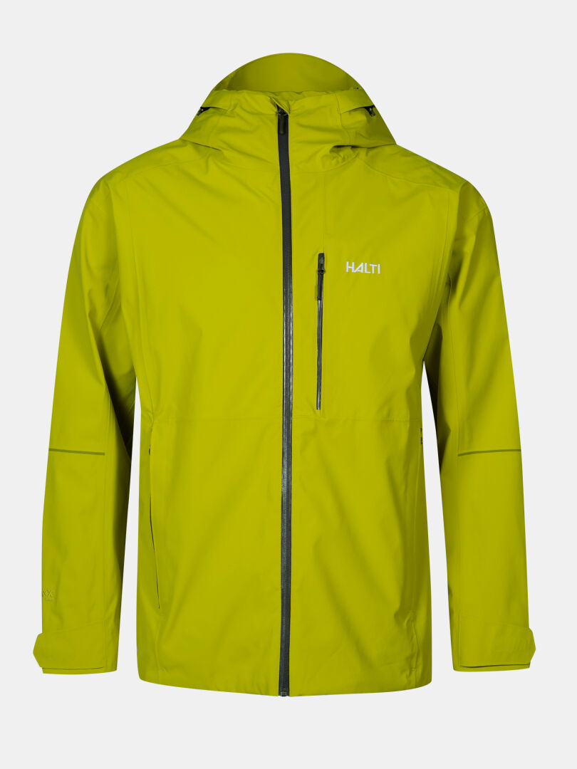 The Halti Staala DX Shell Jacket Men's is yellow-green, windproof, breathable, water-repellent, with zippered pockets.