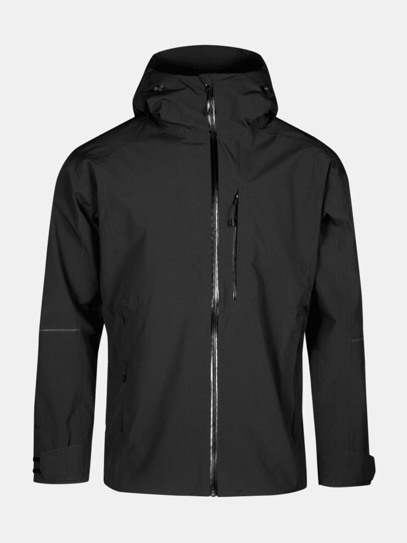 Halti Staala DX Shell Jacket Mens: Black water-repellent hooded rain jacket with zippered chest pocket, plain backdrop.