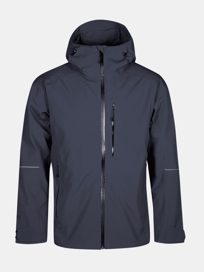 Halti Staala DX Shell Jacket Men's in dark gray with hood, chest pocket, and adjustable cuffs on a white background.