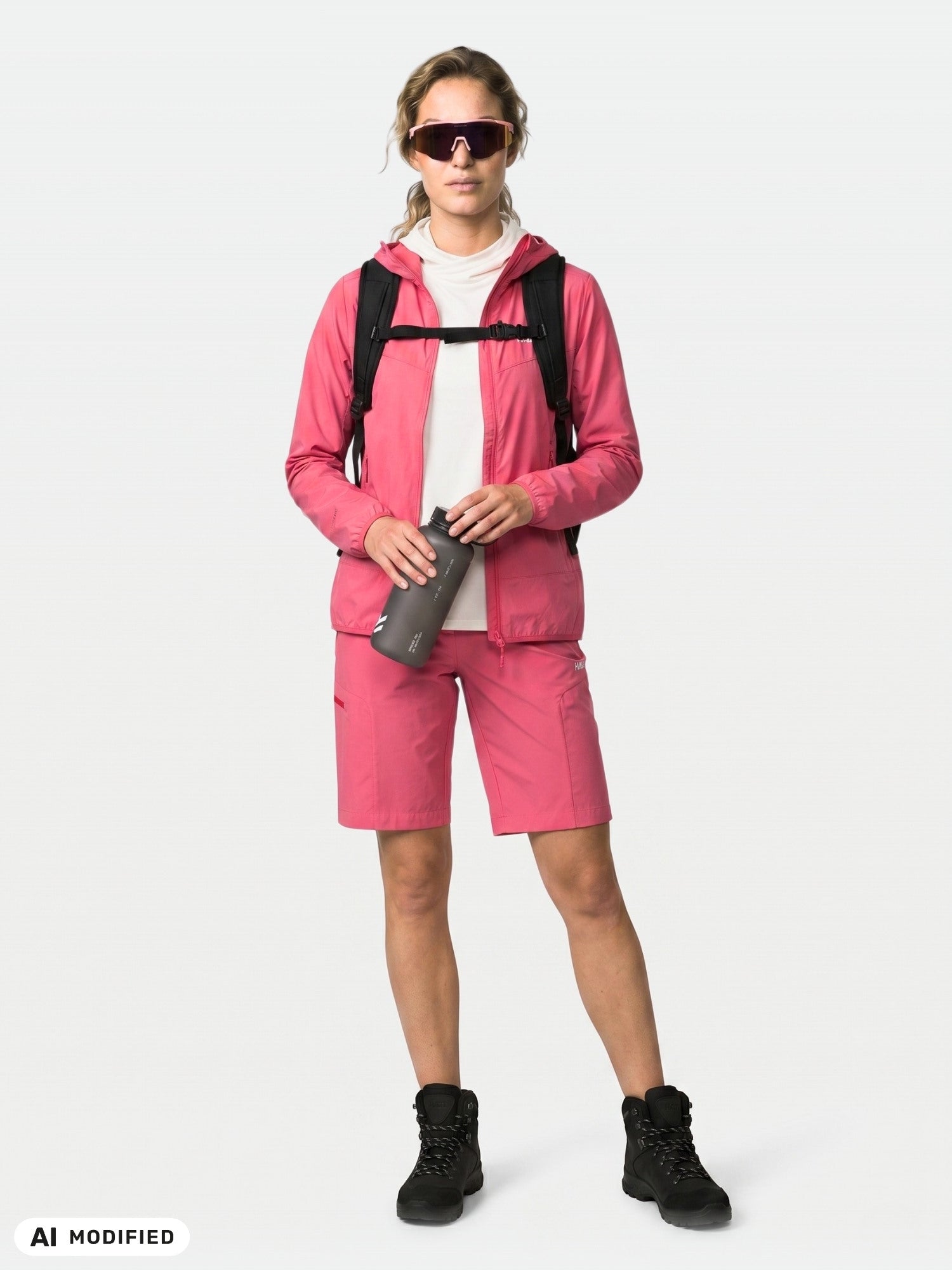 Woman in pink activewear, black boots, sunglasses, Halti Pallas Cool X-stretch Jacket, with tumbler and backpack.