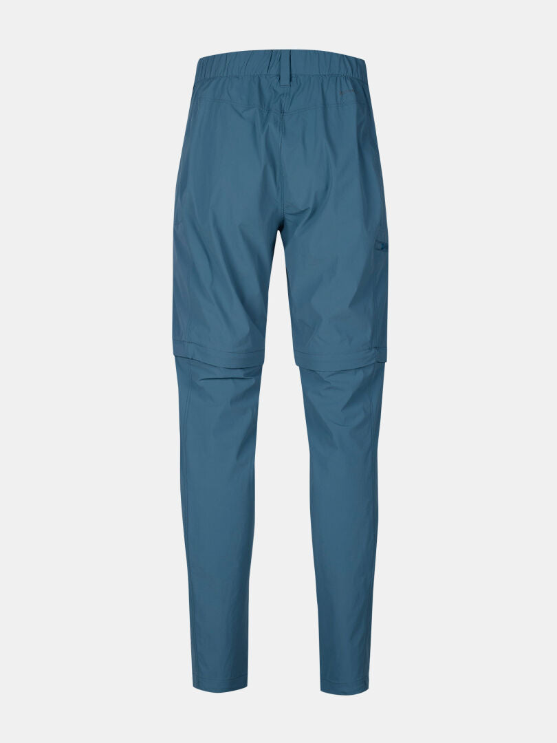 Rear view of Halti Pallas Cool X-stretch Womens blue zip-off pants with elastic waistband and UPF 90+ protection.