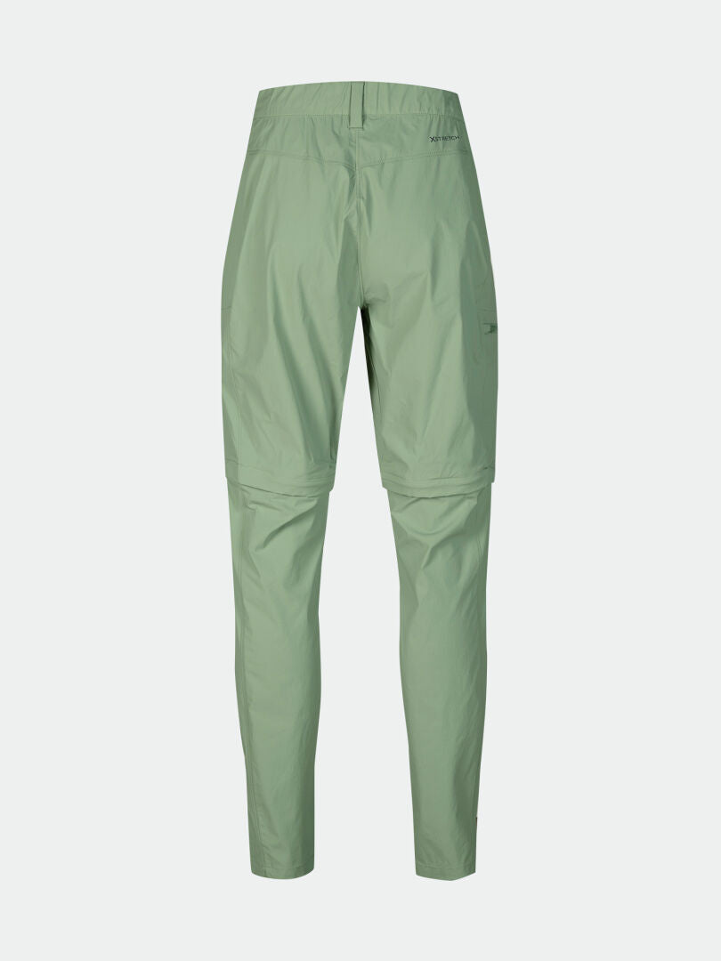 Halti Pallas Cool X-stretch Zip-off Pants Womens in light green with UPF 90+, back view on white background.