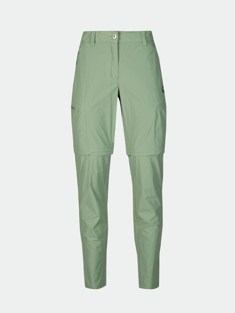 Halti Pallas Cool X-stretch Womens zip-off pants in light green, with pockets and moisture-wicking fabric, on white.