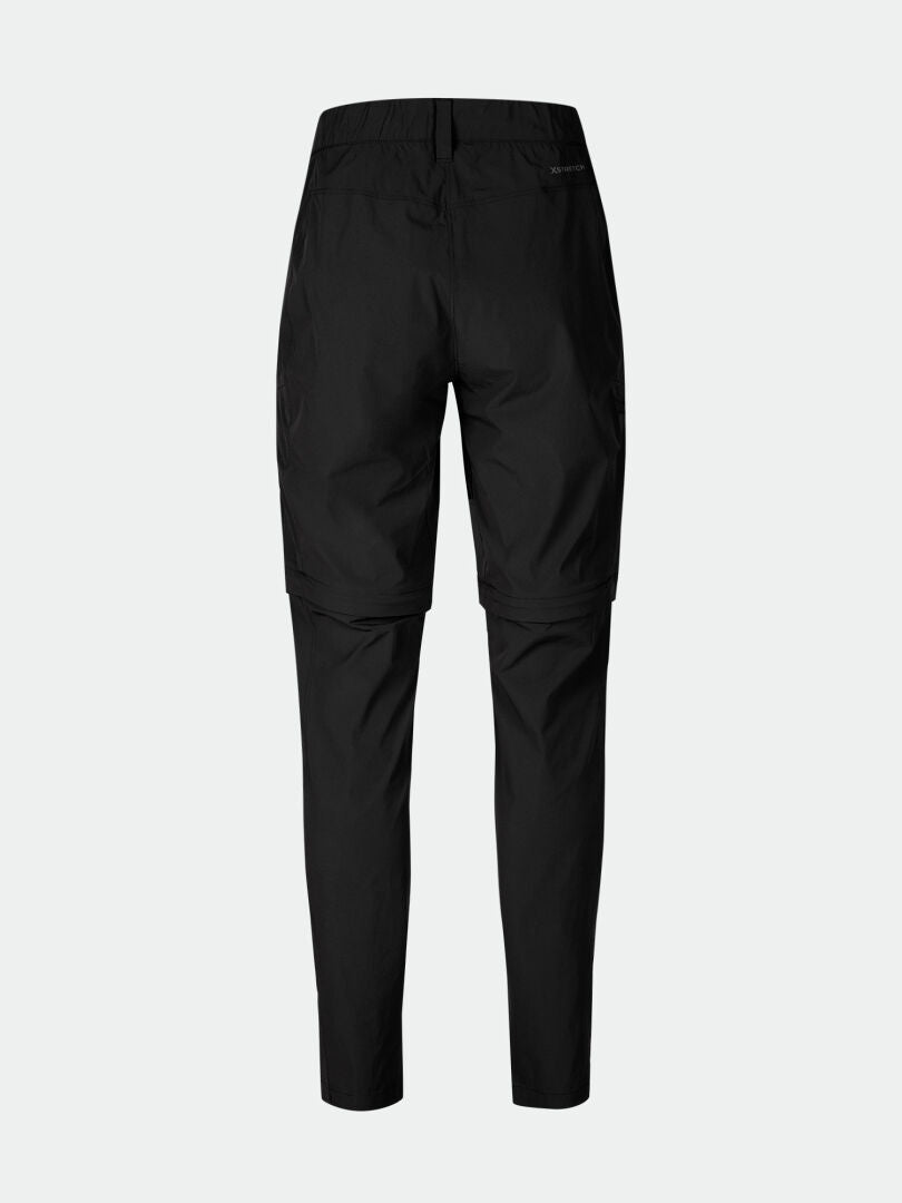 Back view of Halti Pallas Cool X-stretch Zip-off Pants Women’s in black with detachable legs, shown on light background.
