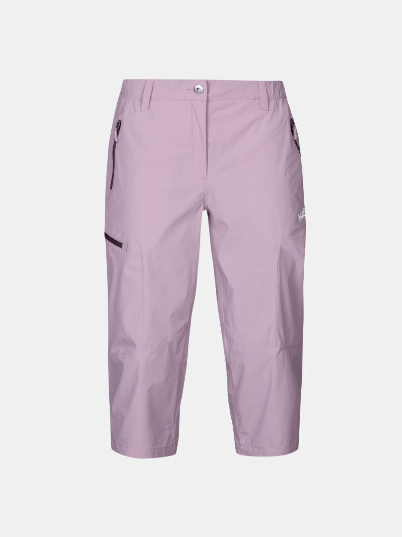 Halti Pallas Cool X-stretch women's capri pants in light purple, with zippered pockets and button closure, on white background.