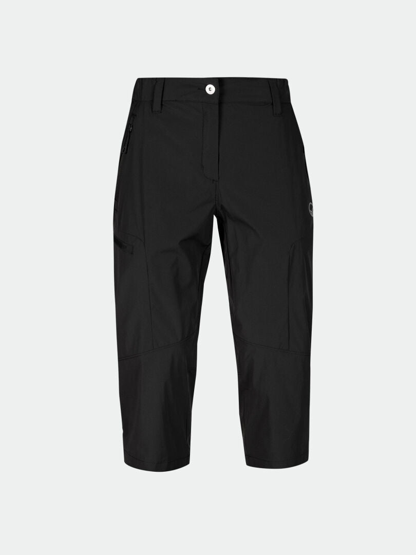 Halti Pallas Cool X-stretch Womens capri pants with moisture-wicking fabric, zip pockets, belt loops, and front button.
