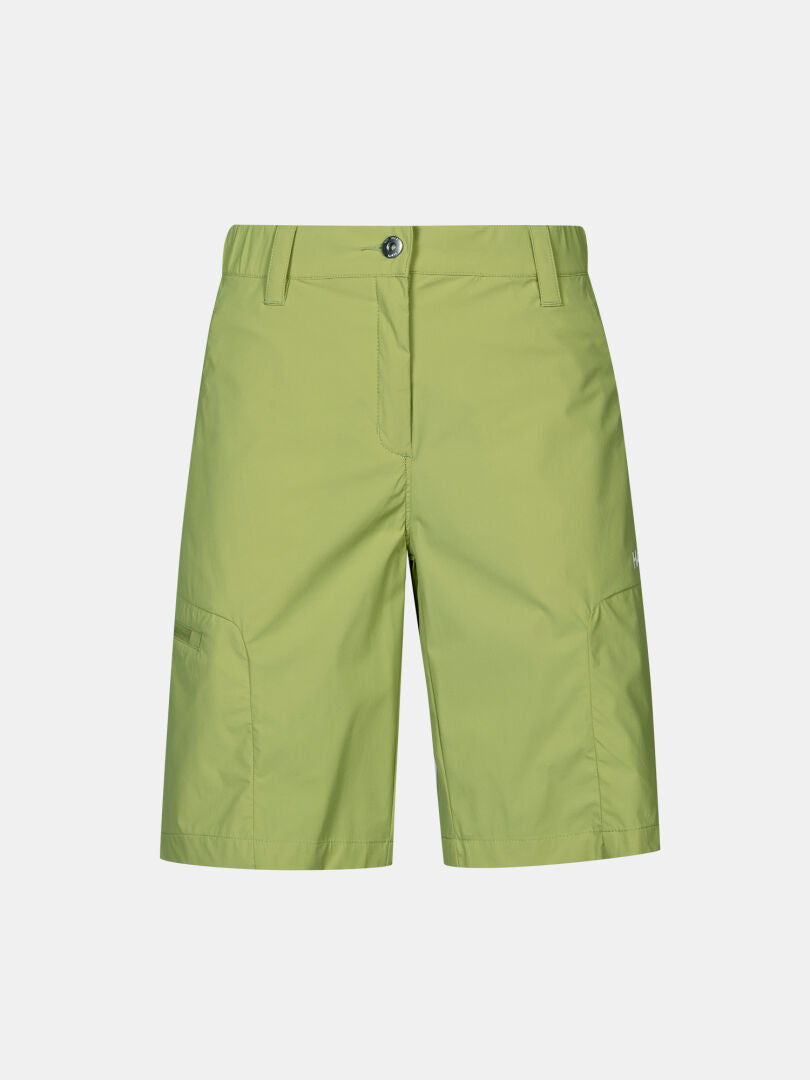 Halti Pallas Cool Shorts Women's: light green, quick-drying, with belt loops, button closure, and side pockets.