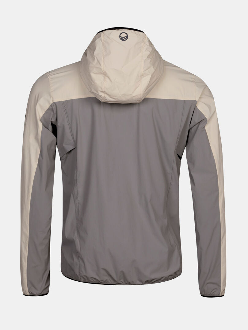 Halti Pallas Cool X-stretch Jacket Men’s: beige hood/shoulders, gray body/sleeves, moisture-wicking, shown from back.