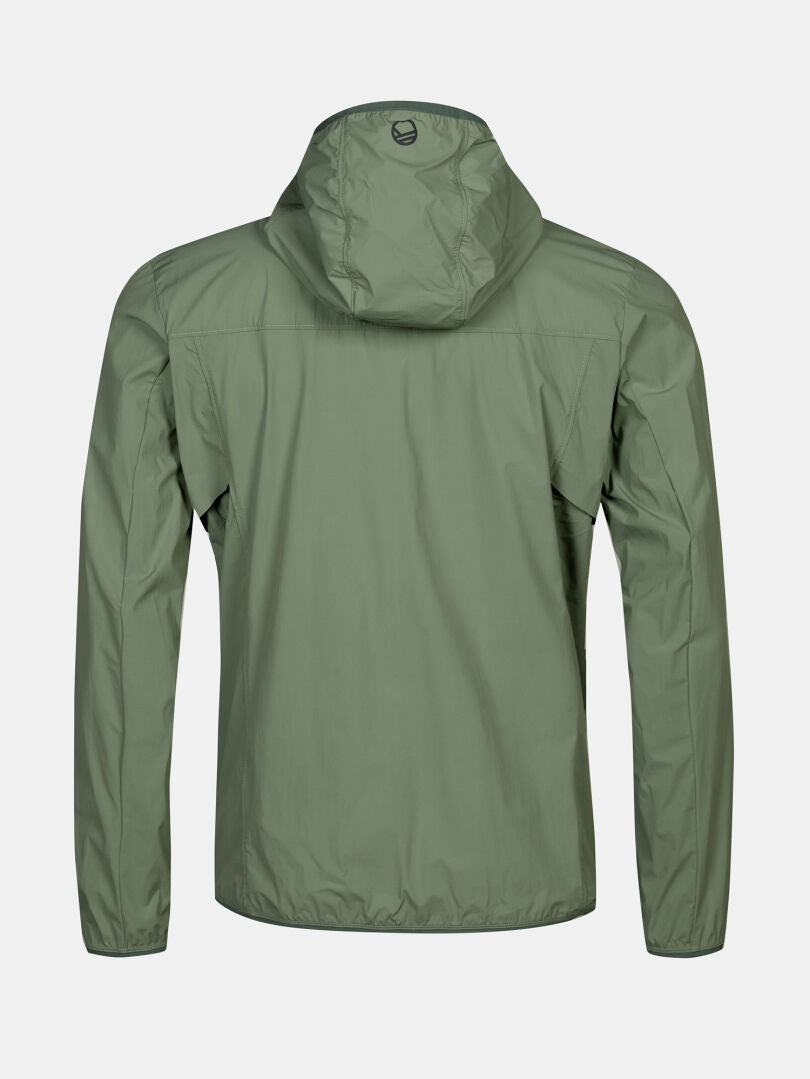 Back view of Halti Pallas Cool X-stretch Mens Jacket in light green with long sleeves, elastic cuffs, and hood logo.