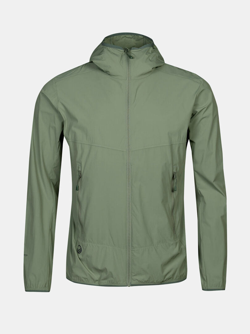 Halti Pallas Cool X-stretch Jacket Mens in light green with UPF 90+, hood, and zippered pockets on a plain background.