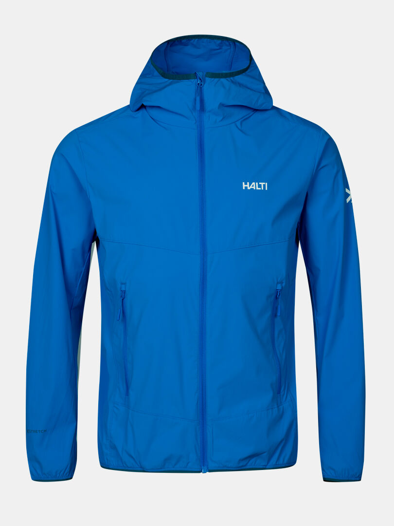 Halti Pallas Cool X-stretch Men's Jacket: bright blue, lightweight, stretch, front zipper, side pockets, chest logo.