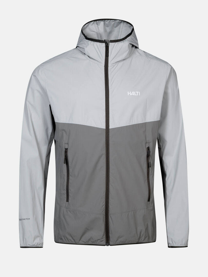 Halti Pallas Cool X-stretch Jacket Men’s: two-tone gray, UPF 90+, front zipper, HALTI chest logo.