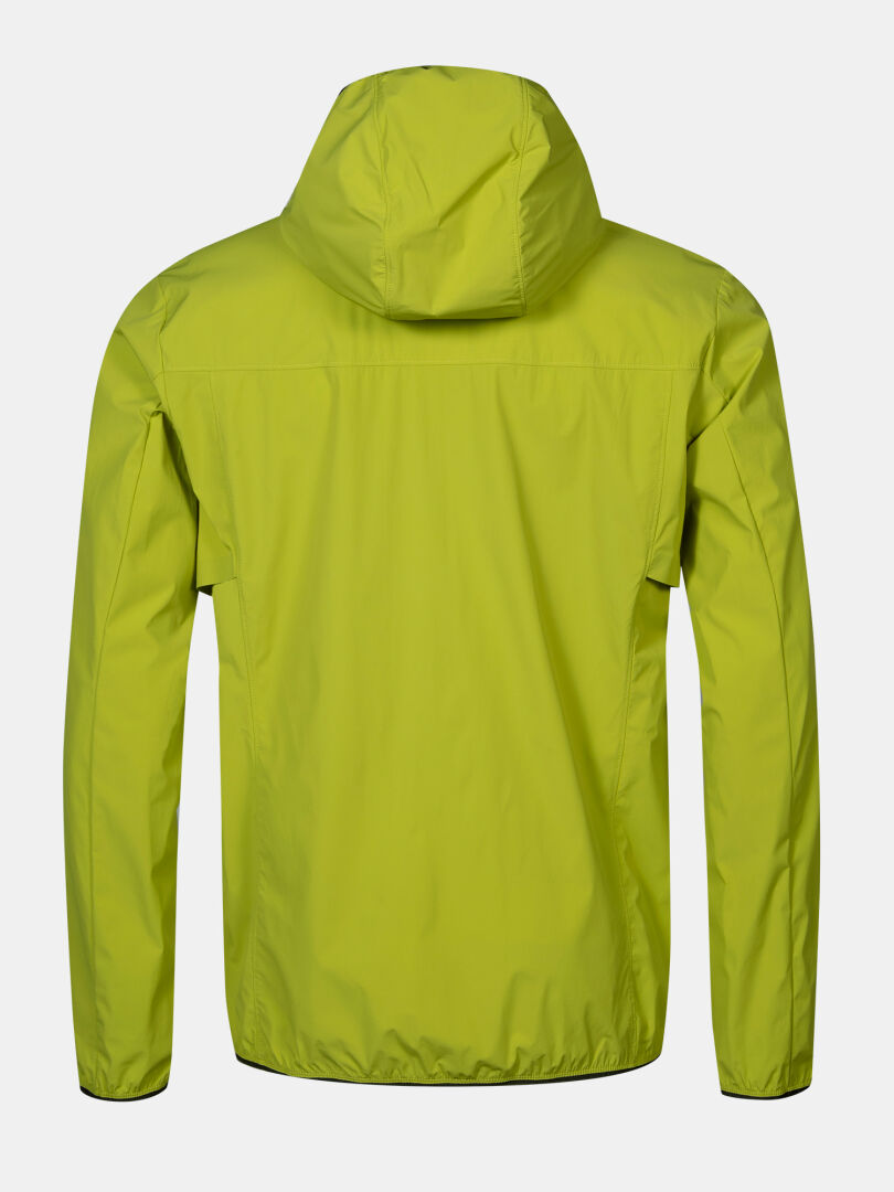 Halti Pallas Cool X-stretch Jacket Men's in lime green with a hood, shown from the back on a white background.