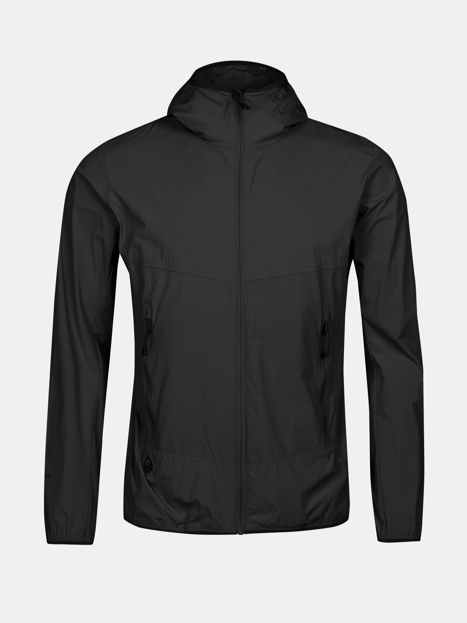 Halti Pallas Cool X-stretch Mens Jacket—black, lightweight, hooded, front zip, long sleeves, moisture-wicking.