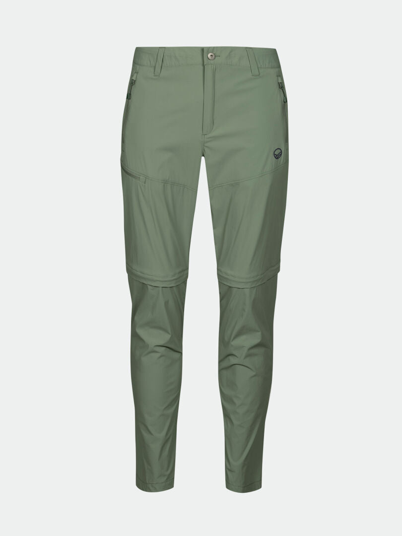 Halti Pallas Cool Stretch Zip-off Pants Men's, light green, with pockets & button closure, front view on plain background.