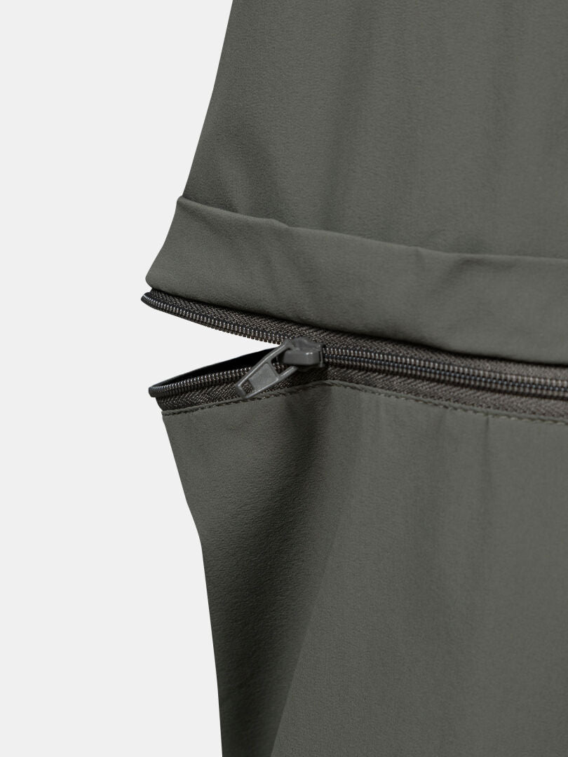 Close-up of Halti Pallas Cool Stretch Zip-off Pants Men's in gray, featuring a partially opened black zipper.