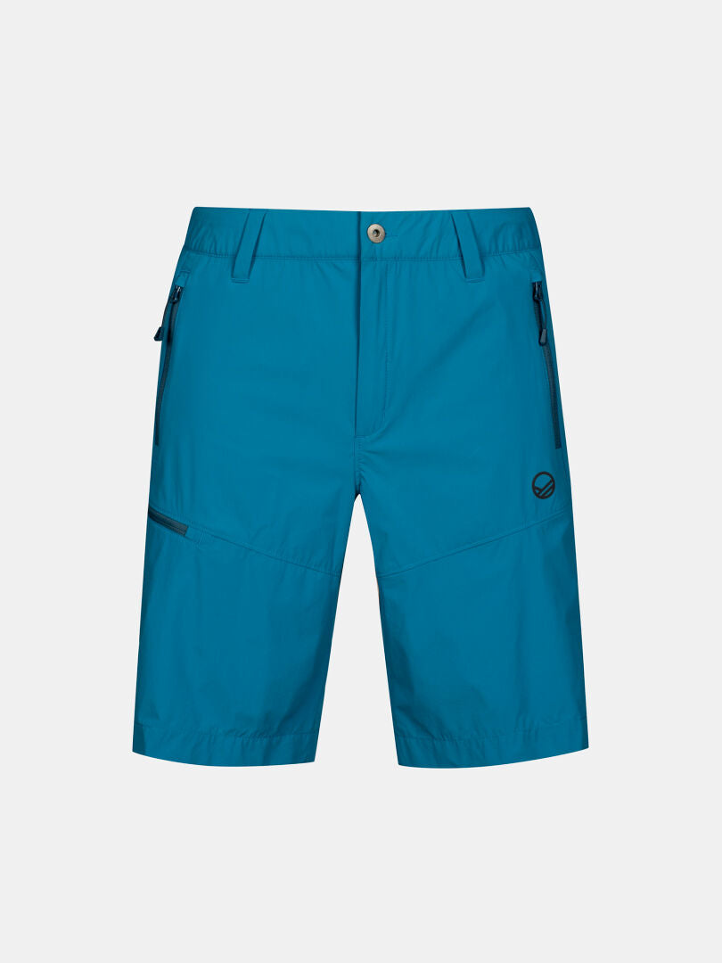 Halti Pallas Cool X-stretch Mens shorts: blue, knee-length, UPF 90+, belt loops, zip pockets, button closure.