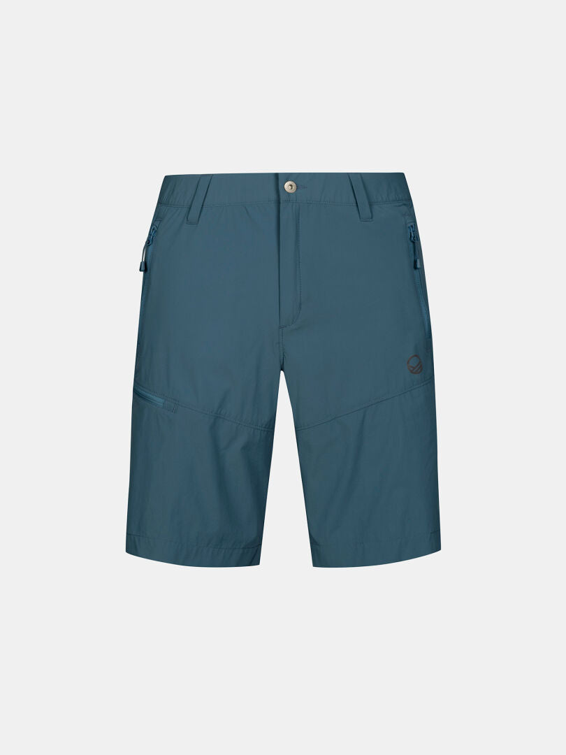 Halti Pallas Cool X-stretch Shorts Mens: teal blue, knee-length, UPF 90+, zipper pockets, belt loops, button closure.