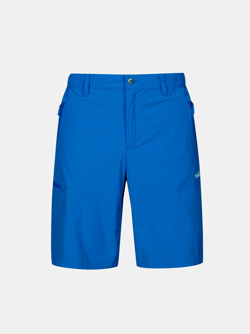 Halti Pallas Cool X-stretch Men's Shorts in bright blue with UPF 90+, belt loops, side pockets, and logo on left leg.
