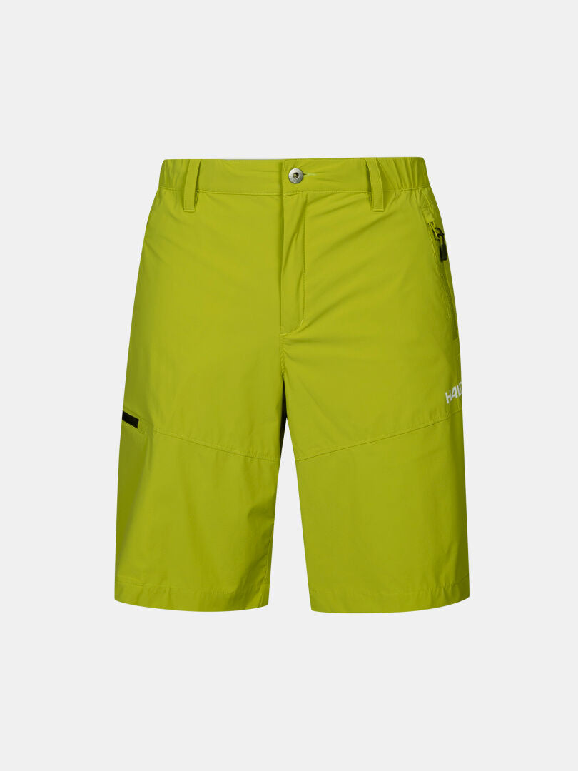 Halti Pallas Cool X-stretch Men's knee-length green shorts with front button, zip fly, side pockets, and logo.
