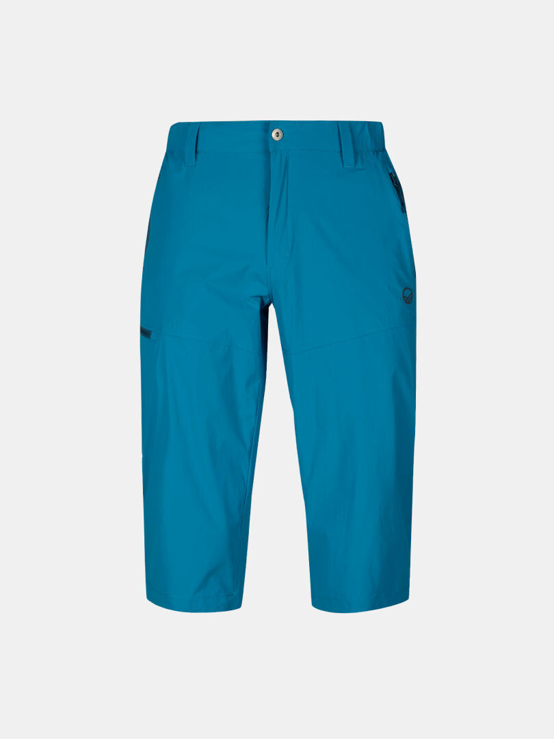 Halti Pallas Cool X-stretch Capri Pants Mens: bright blue, UPF 90+, button front, belt loops, zippered side pockets.