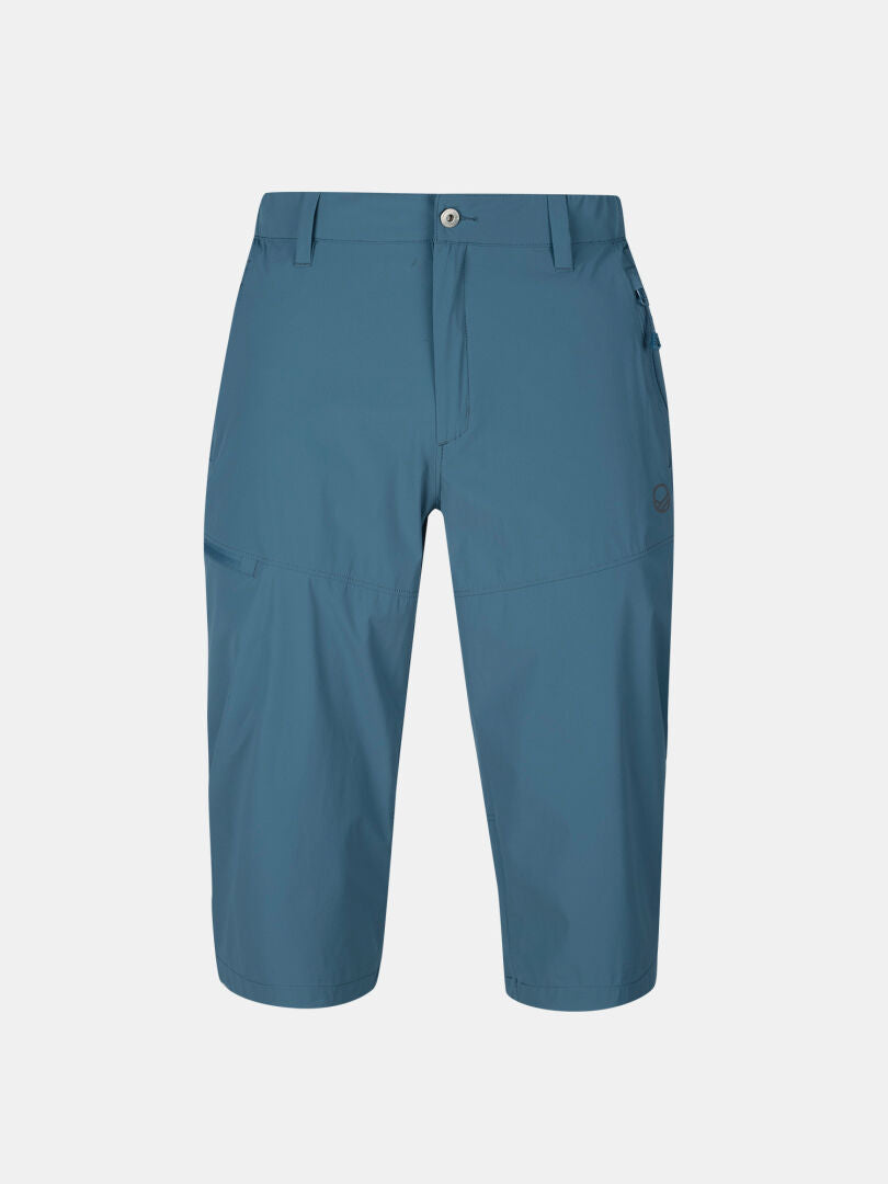 Halti Pallas Cool X-stretch Mens Capri Pants in blue with front zipper, button closure, belt loops, and side pockets.