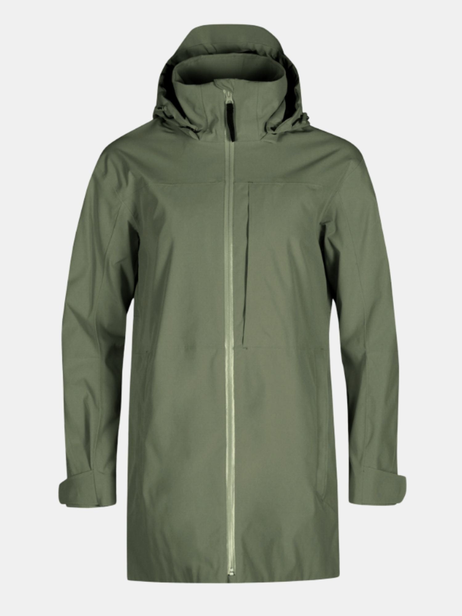 Halti Kallas DX Parka Jacket Plus Womens: olive green, waterproof, hooded, chest pocket, adjustable cuffs.