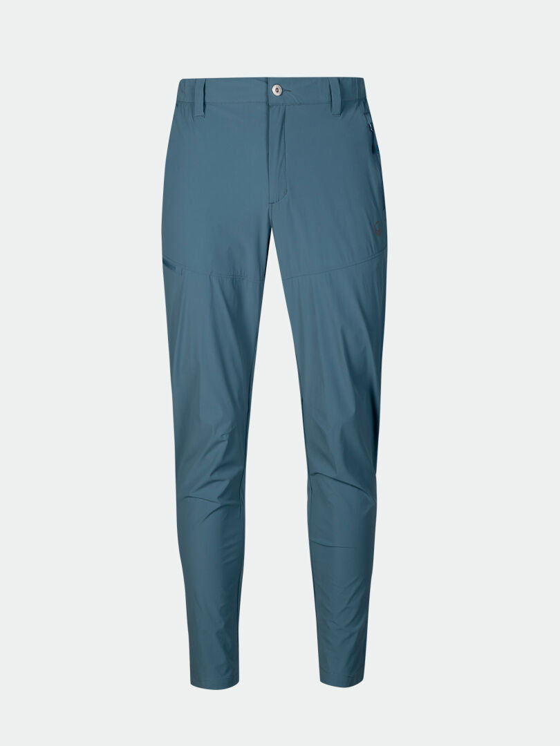 Halti Pallas Cool X-stretch Pants Mens: blue, straight-cut, lightweight, moisture-wicking, with front button closure.