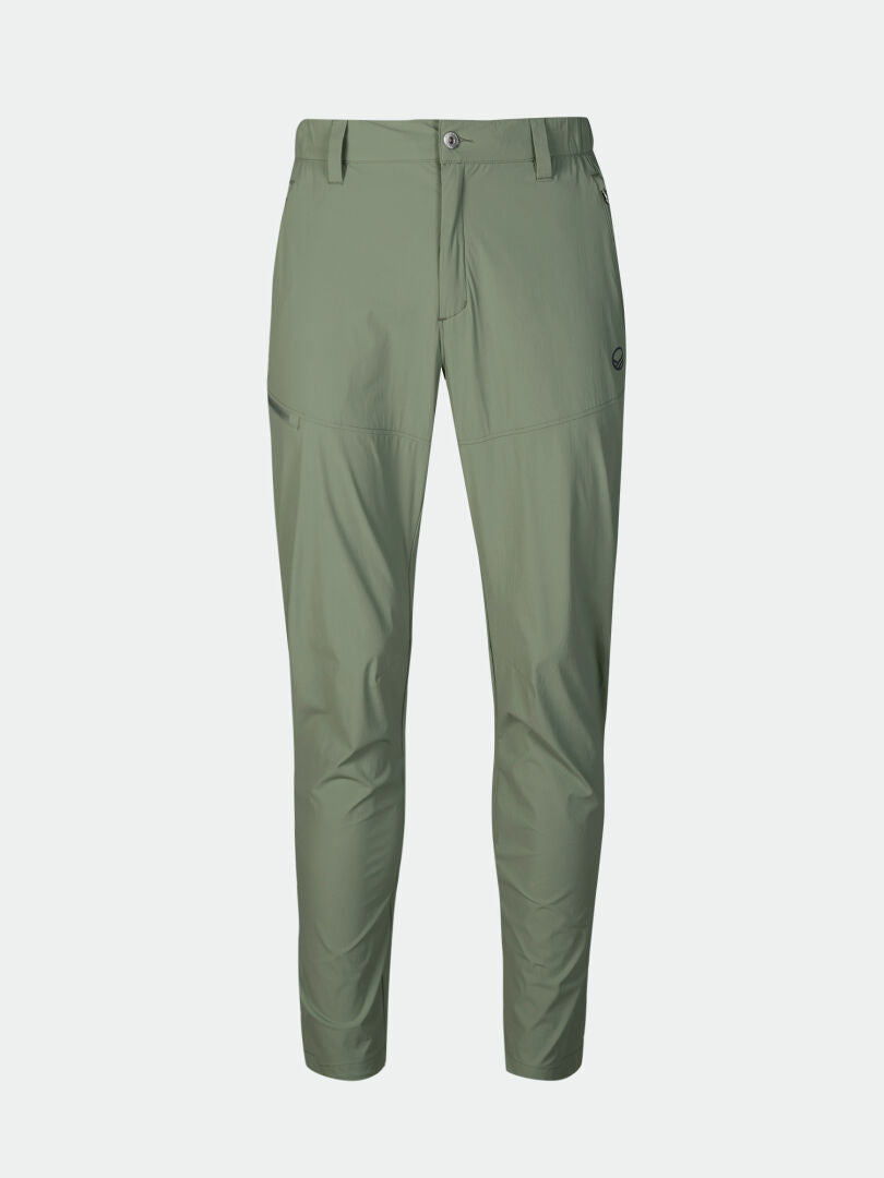 Halti Pallas Cool X-stretch slim-fit mens pants in light green with belt loops, button, and zip closure.