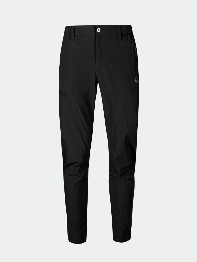 Halti Pallas Cool X-stretch Mens Pants: black, straight-leg, UPF 90+, button closure, front pockets, logo on thigh.
