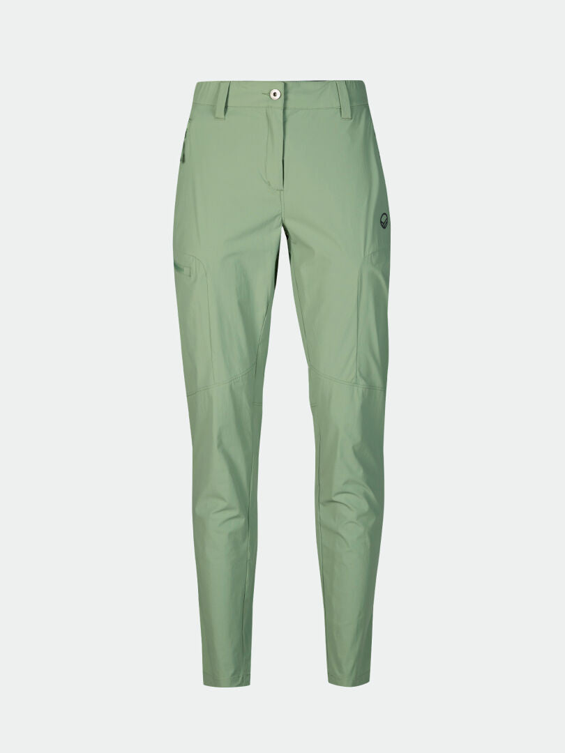 Halti Pallas Cool X-stretch Pants Womens: light green, slim fit, moisture-wicking, button closure, side pockets.