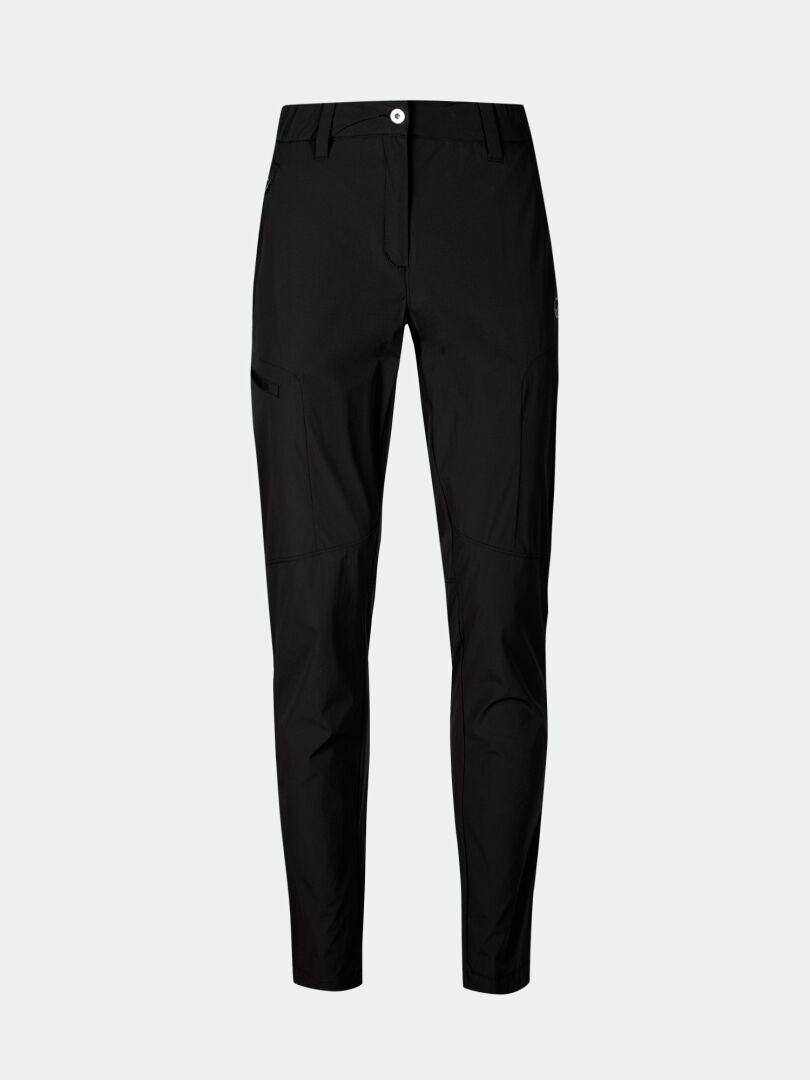 Halti Pallas Cool X-stretch Pants Womens, black slim-fit with UPF 90+ and front pockets, on plain background.