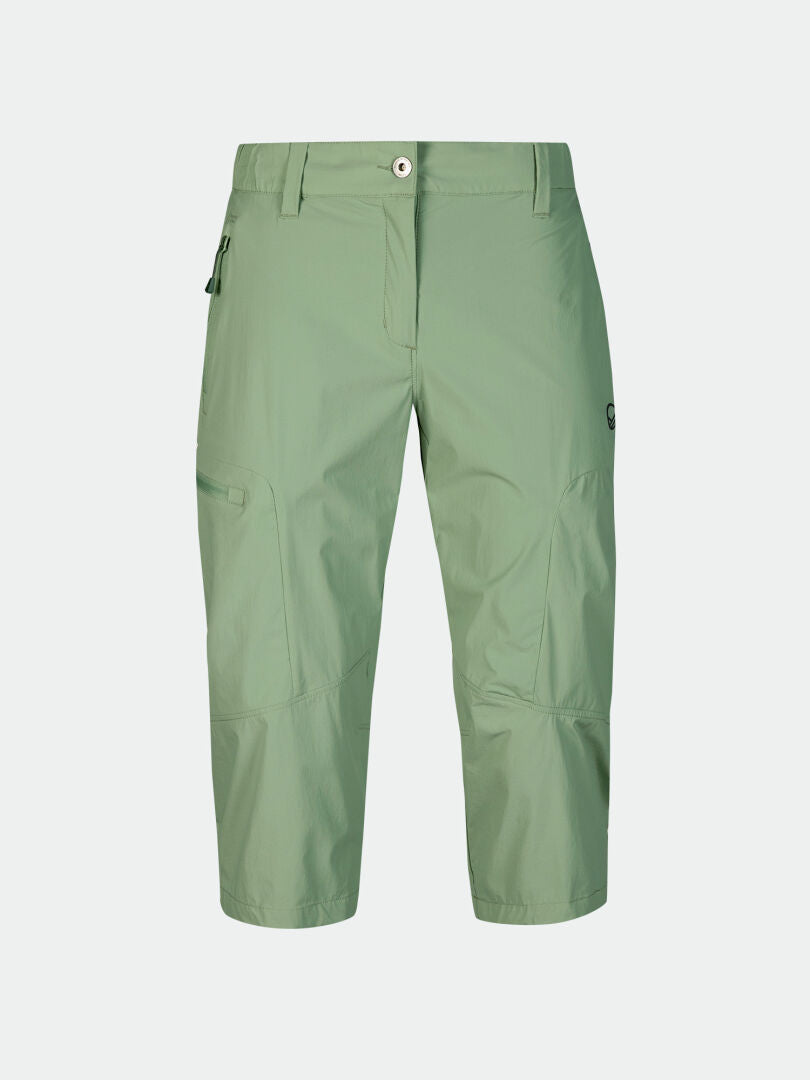 Halti Pallas Cool X-stretch Capri Pants Plus: light green, knee-length, with zipper, button, and stretch comfort.