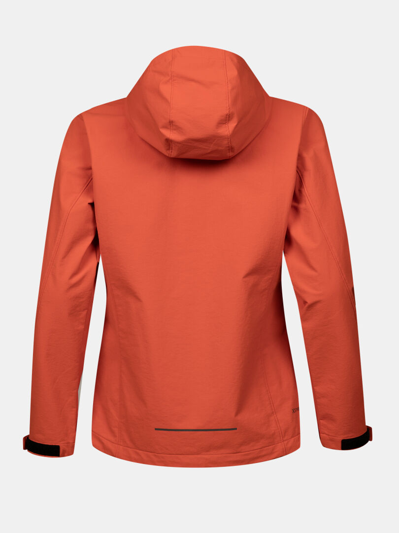 Back view of the Halti Finholma X-stretch Womens orange jacket with long sleeves and black adjustable cuffs.