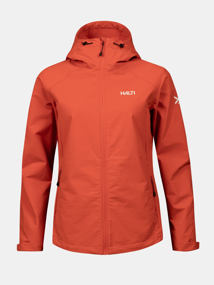 The Halti Finholma X-stretch Jacket Womens is red, windproof, water-repellent, and has zip pockets.