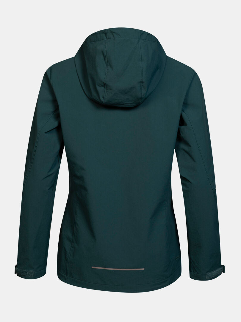 Halti Finholma X-stretch Women’s Jacket in dark green, shown from the back with long sleeves and a reflective hem strip.